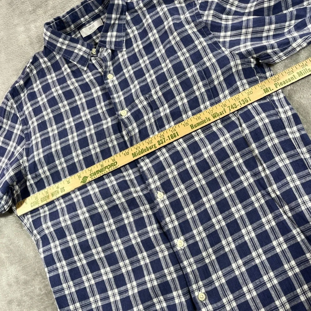 Uniqlo Button Up Shirt Mens Large Blue Plaid 100% Linen Long Sleeve Pocket‎